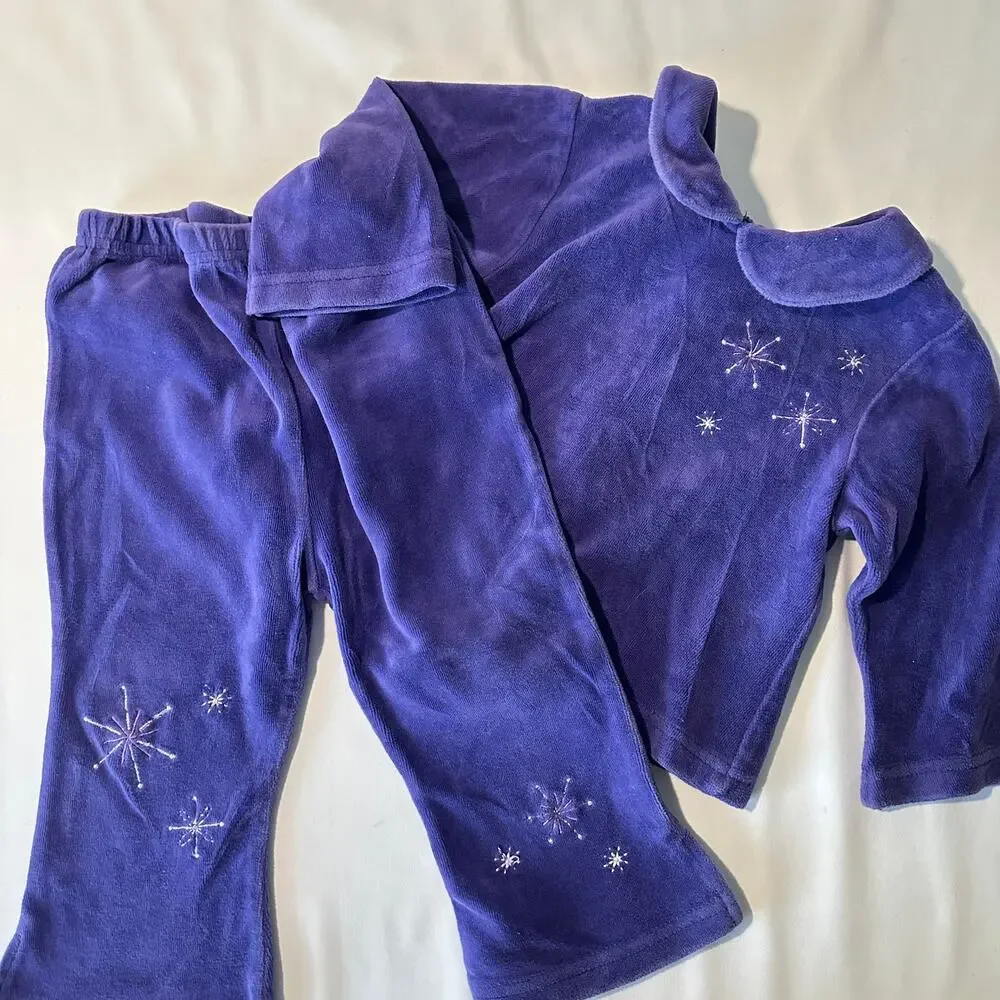Vintage 90s Purple Velour Peter Pan Collar Snowflake Winter Sweatsuit Set Sz 12m
